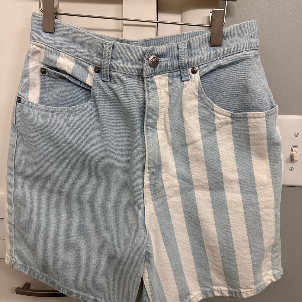 90s WHOOZ BLOOZ Light Blue White Striped Women’s Denim Shorts jeans preppy 10-12